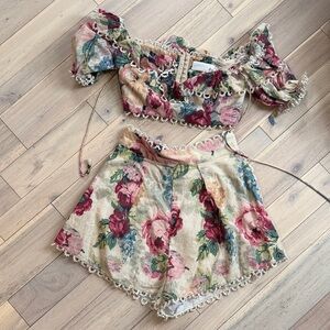Zimmermann Floral Ruffle Crop Top and Shorts